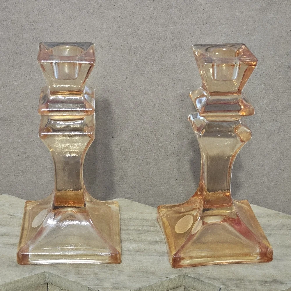 Stunning Franco Creazioni Exclusive Peach/Salmon Glass Candle Holder Set Italy